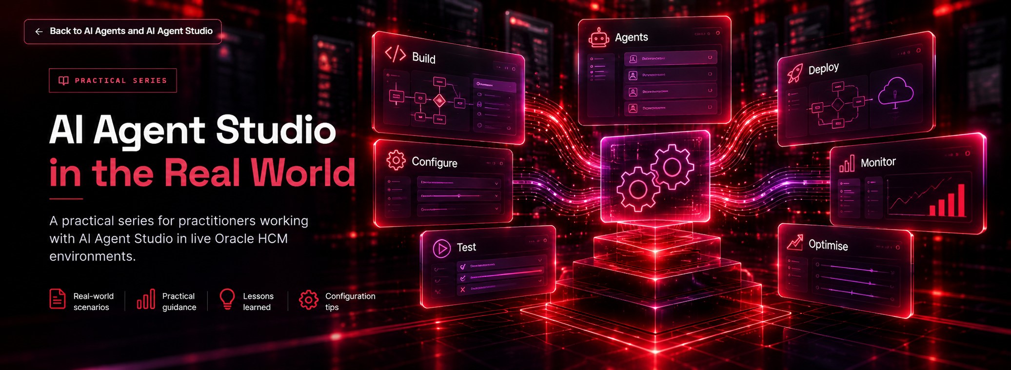 AI Agent Studio in the Real World: practical Oracle HCM guidance illustrated through Build, Configure, Test, Agents, Deploy, Monitor and Optimise workflows.
